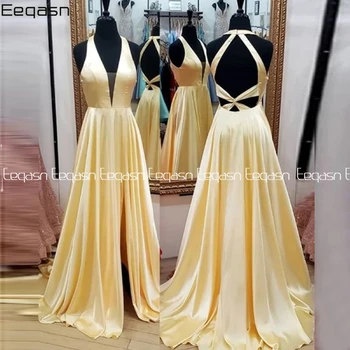 Eeqasn Dĺžka Podlahy Satin Prom Party Šaty 2020 Žltá Sexy šaty, de soiree Večerné Šaty so Štrbinou Formálne Sprievod Šaty