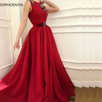 Elegantné Červené Dlhé večerné šaty 2021 Kryštály Korálkové Dubaj arabčina Večerné šaty Ever pretty Party šaty šaty de soiree longue