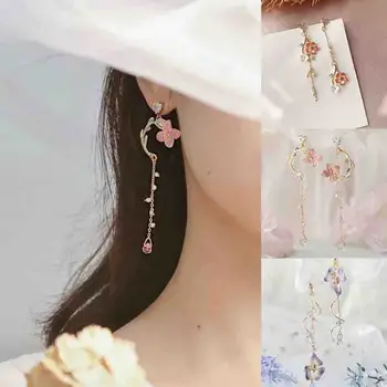 Elegantné Ženy Asymetrické Fringe Náušnice Ružové Srdce Kvety Prívesok Visieť Drop Náušnice Ucho Kórejský Štýl Eardrop Šperky