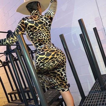 Elegantný Dlhý Rukáv Zviera Tlače Šaty Jeseň Ženy Leopard Bodycon Hip Šaty, Sexy Nočného Klubu Strany Slim Šaty Office Lady