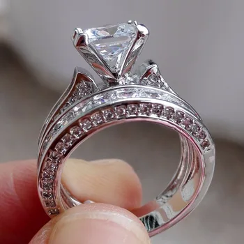 ERLUER Trendy Strieborná Farba Módne šperky, Svadobné zásnubný prsteň ženy Námestie Crystal Zirkón Strany dievčatá 2ks pár krúžky