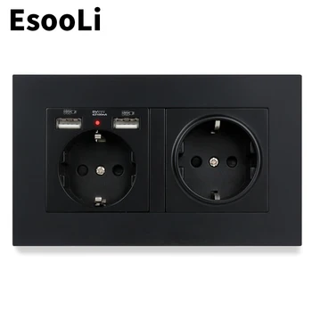 Esooli Black PC Plastu Paneli Sieťovej Zásuvky EÚ Štandardnej elektrickej Zásuvky S dvomi USB Smart Indukčné Nabíjanie Port Pre Mobilné 5V 2.1