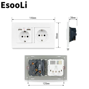 Esooli Black PC Plastu Paneli Sieťovej Zásuvky EÚ Štandardnej elektrickej Zásuvky S dvomi USB Smart Indukčné Nabíjanie Port Pre Mobilné 5V 2.1