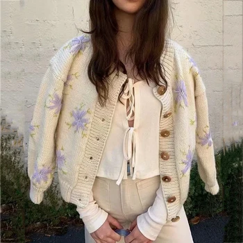 Foridol kvetinový embriodery cardigan ženy jeseň zima pletené ležérne elegantný sveter vesty vintage francúzskej cardigan 2020