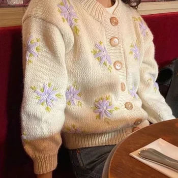 Foridol kvetinový embriodery cardigan ženy jeseň zima pletené ležérne elegantný sveter vesty vintage francúzskej cardigan 2020