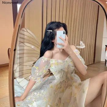 Francúzsky Kvetinový Šaty Ženy Sexy Lístkového Rukáv Čipky Šifón Tlač Mini Šaty Žien Lete Kórejský Štýl Vintage Víla Šaty Nové 2020