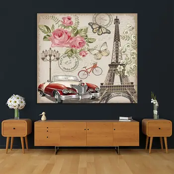 Gobelín Parížskej Eiffelovej Veže Ruže, Kvety Požičovňa Historických Vozidiel Motýle Romantický Pohľadnicu Červená Ružová Zelená Umelecké Tlače