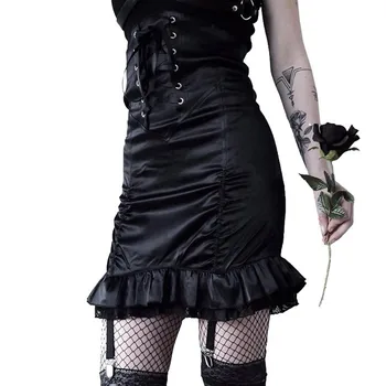 Gotický Bodycon Sukne Ženy Jeseň Štýlové Čipky Obväz Skladaný Zips Vysoký Pás Štíhle Dámy Strany Klubu Sexy Goth Čierne Sukne