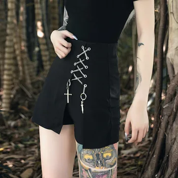 Grunge Gotický Sukne Harajuku Patchwork Očko Križujú Asymetrické Punk Sukňa Čierna Streetwear Lolita Hip Hop Korčuliarov Jurken