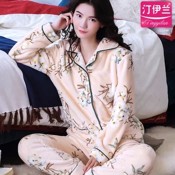 H5799 Kórejskej Ženy Pyžamo Pribrala Flanelové Coral Fleece Sleepwear Vyhovovali Lady Dlhý Rukáv Jeseň Zima Vytlačené Teplý Odev