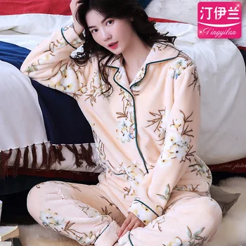 H5799 Kórejskej Ženy Pyžamo Pribrala Flanelové Coral Fleece Sleepwear Vyhovovali Lady Dlhý Rukáv Jeseň Zima Vytlačené Teplý Odev