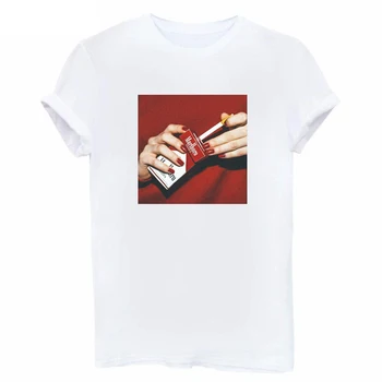 Harajuku Móde Bežné Zábavné dámske tričko krátky rukáv cigariet tlač Slim kórejský Štýl bielych Tričkách pár oblečenie