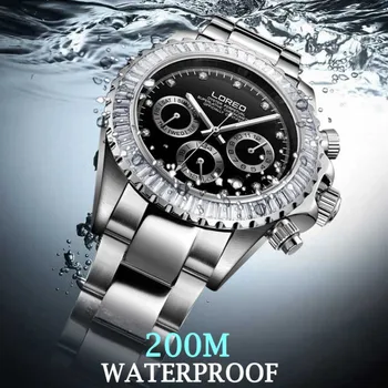 High-end Automatické hodinky mužov luxusné značky LOREO Diver Hodinky Vodotesné 200m Zafír, Mesiac, Týždeň, Dátum, 24 hodín Svetelný Hodinky