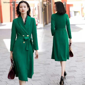 High-end, mid-dĺžka vysoký pás krajky-up windbreaker 2020 Jeseň Zima nové žien štýl zelený kabát