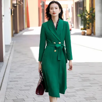 High-end, mid-dĺžka vysoký pás krajky-up windbreaker 2020 Jeseň Zima nové žien štýl zelený kabát