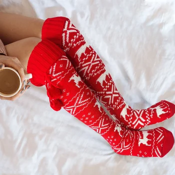 Hot predaj Vianoce Ženy Teplé Stehná Vysoké Sockings Pre Dámy, Dievčatá Módne Bavlna Uprostred Trubice Ponožky Sexy Pletené Dlho podkolienky