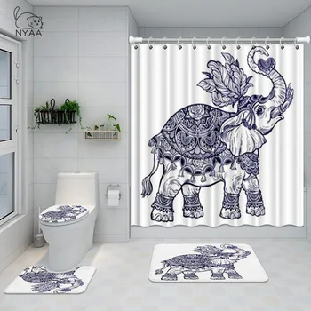 Indický Slon Nepremokavé Sprchový Záves 4 Kus Kúpeľňa Nastaviť Koberec Kryt Wc Kryt Vaňa Mat Pad Pre Domova, 3 Veľkosť