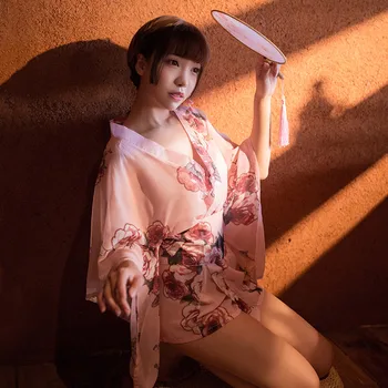 Japonské Kimono Sexy Cosplay Oblečenie pre Ženy Tlač Šifón Ružová Bielizeň Sady Tradičnom Štýle Župan Luk Slúžka Šaty, Nohavičky Hot 65560