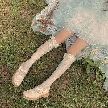 Japonský Sladké Lolita Teľa Ponožky Čipky Princezná Páse S Nástrojmi Roztomilý Pančuchy Ženy Mäkké Bowknot Farbou Sladké Polovice Trubice Ponožky Cosplay