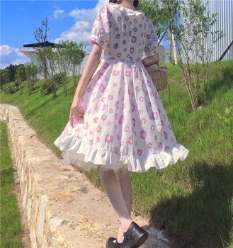 Japonský sladké rozstrapatené kolo krku šaty Cos Lolita Daisy tlač krátky rukáv Lolita šaty roztomilý dievča tea party šaty Vestidos 69581