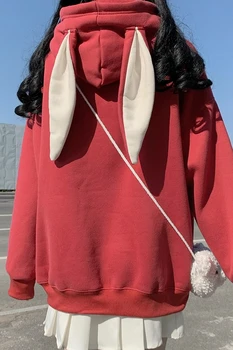Japonský Voľné Univerzálne Vrecko Medveď Troch-Dimenzionální Roztomilý Králik Uši Kapucňou Hrubá Mikina Vonkajšie Nosenie v Zime Ženy kabát