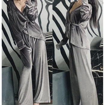 Japonský štýl pyžamo zlato velvet hlboké V kimono nightgown ženy jeseň/zima bežné пижама sexy krajky-up home služby vyhovovali župan 30018