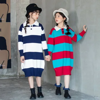 Jar, Jeseň Fashion Baby Girls Long Sleeve Pruhované Tlač Šaty Detský Pletený Sveter Oblečenie Pre Dvojičky Sestry Bežné Kostým