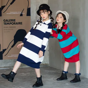 Jar, Jeseň Fashion Baby Girls Long Sleeve Pruhované Tlač Šaty Detský Pletený Sveter Oblečenie Pre Dvojičky Sestry Bežné Kostým
