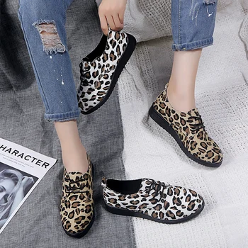 Jar/Jeseň Ženy, Plátno Topánky Móda Leopard Tenisky Krajky-Up Šitie Bežné Byty Veľké Veľkosti Zapatos De Mujer W31-73