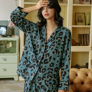 Jesenné Módne Vysokej Kvality Dlhý Rukáv Sleepwear Ženské Domáce Oblečenie Odev Modrá Leopard Tlač Hodváb Pyžamá pre Ženy 2020
