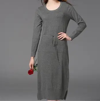 Jeseň nové módne značky bavlna pletené šaty s vrecku šitie Slim hip package dlhý rukáv duté rez bol tenké šaty w1771