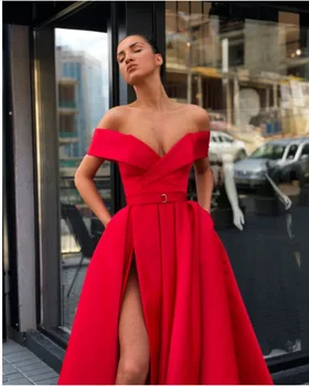Krásy Emily 2019 Sexy Červené Večerné Šaty Pre Svadobné Ramena Skladaný Guľové Šaty Party Šaty Vysoká Rozdeliť Backless Plášte