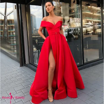 Krásy Emily 2019 Sexy Červené Večerné Šaty Pre Svadobné Ramena Skladaný Guľové Šaty Party Šaty Vysoká Rozdeliť Backless Plášte