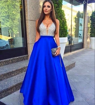 Kráľovská Modrá Korálkové Crystal Prom Šaty 2020 Vestido Formatura Riadok Otvorený Späť Dovezených Party Šaty Formálne Ženy Príležitosti Šaty