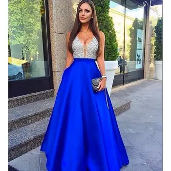 Kráľovská Modrá Korálkové Crystal Prom Šaty 2020 Vestido Formatura Riadok Otvorený Späť Dovezených Party Šaty Formálne Ženy Príležitosti Šaty