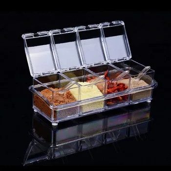 Kuchynské potreby transparentné korenie akryl boxy štyri ikony korenie box 4 v 1 lyžica multifunkčné korenie box set