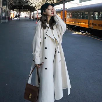 Kórejské Ženy Jeseň Zima Dvojité Breasted Dlhé Vlny Kabát Dámske Elegantné Vintage Voľné Elegantné Nad Kolená Vlnené Sako Femme