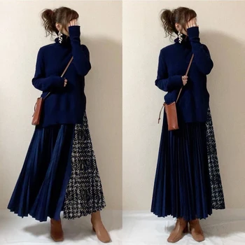 Kórejský Zimné Turtleneck Jeden Kus Dlhé Šaty Farba Blok Ptachwork Vestidos Streetwear Ženy Jeseň Maxi Skladaný Šaty 2020