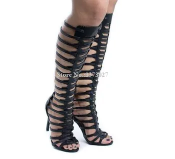 Lady Nové Čierne Kožené Duté Z Kolená Vysoké Sandále, Topánky Ženy Sexy Stiletto Päty Sandále Dlhé Topánky Móda Veľkosť Podpätky 71124
