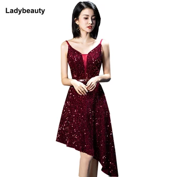 Ladybeauty 2019 Nové Večerné Šaty Sequin Čipky krátke Prom Party Šaty Asymetrie Svadobné šaty plus