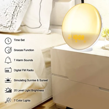 LED Sunrise Budík Smart Prebudiť Nočné Osvetlenie Spánku Pomoc Digitálny Budík Rádio Farebné Mení Atmosféra Nočné Svetlo 42936