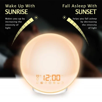 LED Sunrise Budík Smart Prebudiť Nočné Osvetlenie Spánku Pomoc Digitálny Budík Rádio Farebné Mení Atmosféra Nočné Svetlo