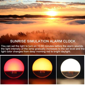 LED Sunrise Budík Smart Prebudiť Nočné Osvetlenie Spánku Pomoc Digitálny Budík Rádio Farebné Mení Atmosféra Nočné Svetlo