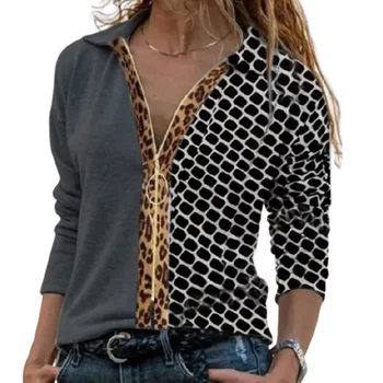 Leopard Koberčeky Patchwork Ženy, Blúzky, Košele Jarné Módne Zips tvaru Dlhý Rukáv Topy OL office Lady Streetwear Žena Blusa
