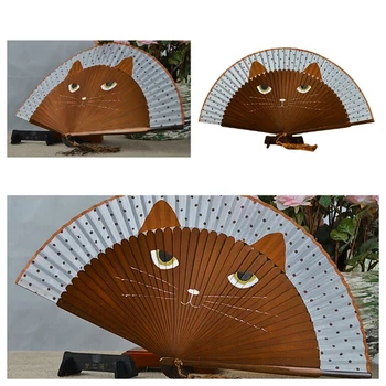 Letné Cute Cat Hodváb Bambusová Ručne Maľované Kreslených Mačka Skladacie Ventilátor Strany Prospech Skladacie Ventilátor s Strapec 38440