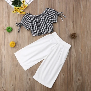 Letný Detský Baby Dievčatá Mimo Ramenný Kontroly Topy T-Shirt+Voľné Nohavice Sunsuit Nastaviť Detí Dievča Dovolenku Oblečenie Oblečenie