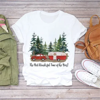 LUSLOS Ženy Krátky Rukáv T Shirt Merry Christmas Mountain Strom Vianočné T-shirt T-shirts Ženy Oblečenie Grafické Tees 2020