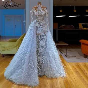 Luxusná Čipka Pierko Dlhé Večerné Šaty Tureckej Vysokej Krku Prom Šaty Dve Kus 2020 Couture Saudská Arábia Celebrity Party Šaty