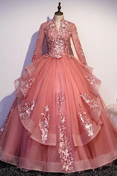 Luxusné dlhý rukáv, ružová, plesové šaty, dráma fáze Šaty Kostým Victoria márii Antoinette Belle opera
