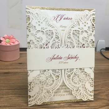 Luxusné laserom rezané svadobné pozvánka čipky kvetinový dizajn lesk zlata backgound papier svadobné zapojenia karty 5949